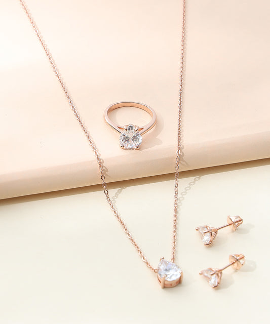 Siora Jewels Solitaire 925 Silver Jewellery Set for Women | Rose Gold Finish with Necklace, Earrings & Ring