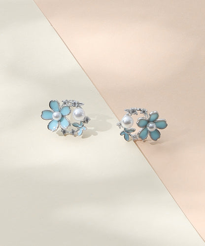 Siora Jewels Blue Bloom 925 Silver Earrings for Women | Rhodium Finish with Pastel Enamel & Zircon Detailing
