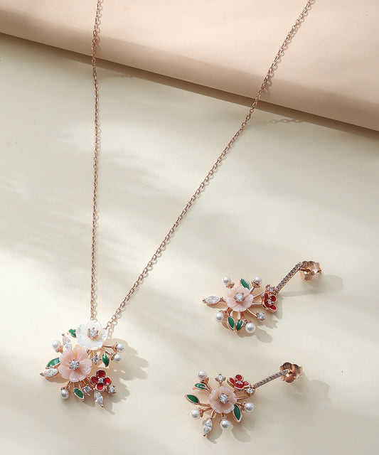 Siora Jewels Floral Harmony 925 Silver Jewellery Set for Women | Rose Gold Finish with Multicolour Enamel, Pearls & Zircons