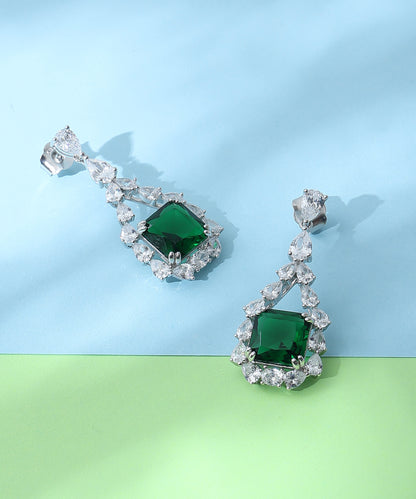 Siora Jewels White CZ 925 Silver Earrings for Women | Rhodium Finish with Green Detailing