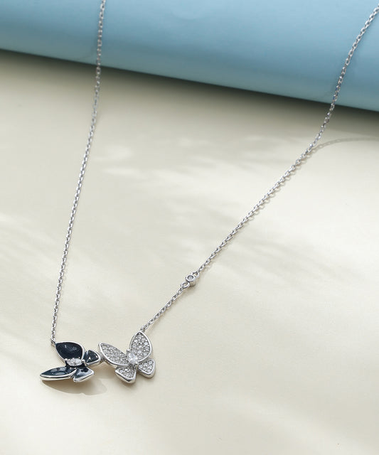 Siora Jewels Dual Butterfly 925 Silver Necklace for Women | Rhodium Finish with Black Enamel & Zircon Detailing