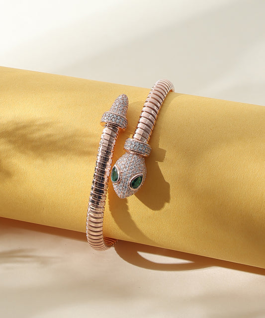 Siora Jewels Serpent Luxe 925 Silver Kada for Women | Rose Gold Finish with Emerald Zircon Eyes