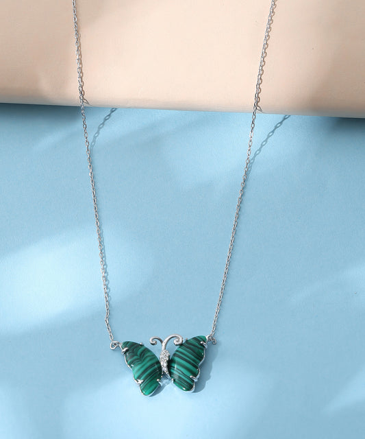 Siora Jewels Emerald Butterfly 925 Silver Necklace for Women | Rhodium Finish with Green Enamel & Zircon Detailing