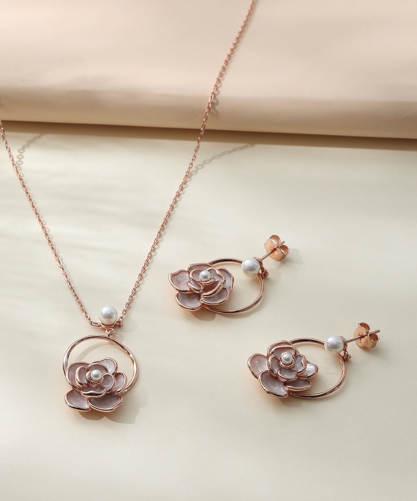Siora Jewels Rose Bloom 925 Silver Jewellery Set for Women | Rose Gold Finish with Enamel Rose, Pearl & Zircon Detailing