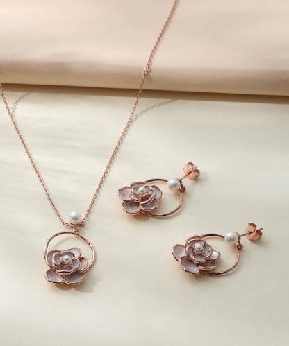 Siora Jewels Rose Bloom 925 Silver Jewellery Set for Women | Rose Gold Finish with Enamel Rose, Pearl & Zircon Detailing