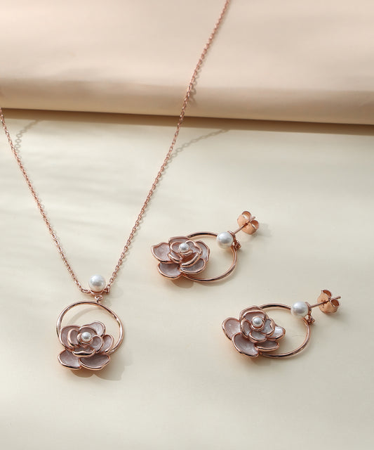 Siora Jewels Rose Bloom 925 Silver Jewellery Set for Women | Rose Gold Finish with Enamel Rose, Pearl & Zircon Detailing