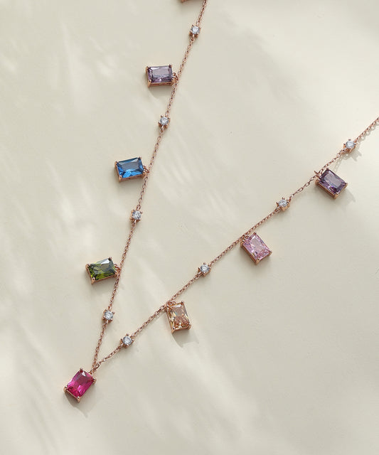 Siora Jewels Prism Glow 925 Silver Necklace for Women | Rose Gold Finish with Multicolour Gemstones & Zircon Detailing