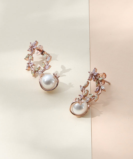 Siora Jewels Pearl Drop 925 Silver Earrings for Women | Rose Gold Finish with Floral Top & Luminous Pearls
