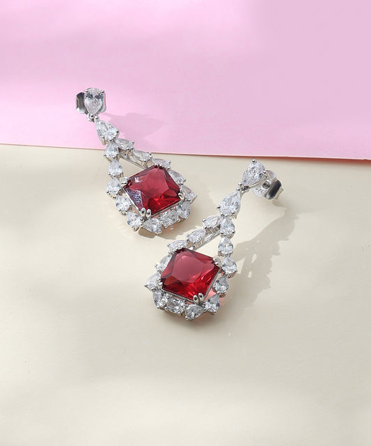 Siora Jewels White CZ 925 Silver Earrings for Women | Rhodium Finish with Red Detailing