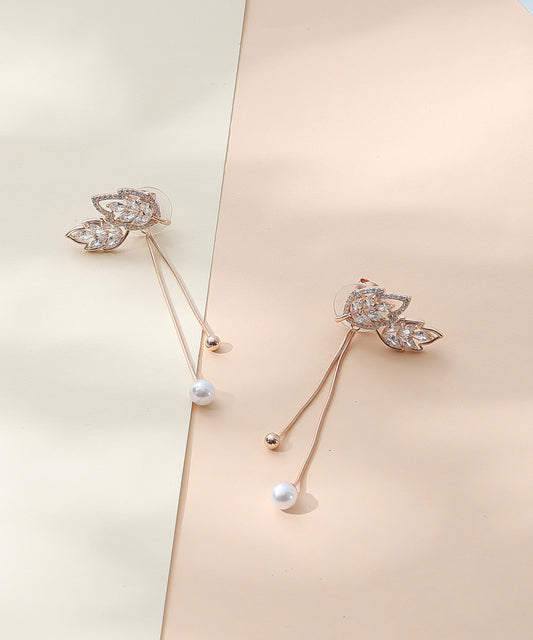 Siora Jewels Floral Drape 925 Silver Earrings for Women | Rose Gold Finish with Zircon & Pearl Detailing