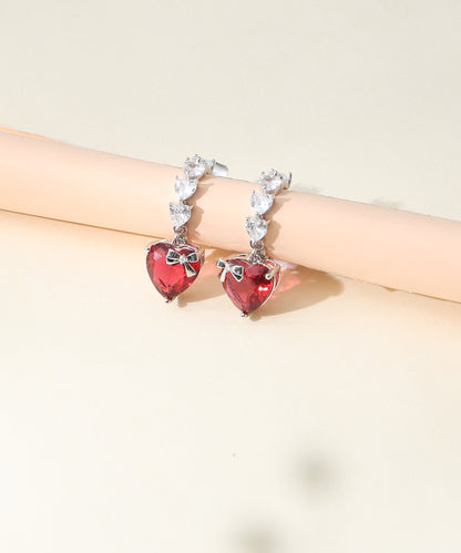 Siora Jewels Red Heart CZ 925 Silver Earrings for Women | Rhodium Finish with Bow Accent Detailing