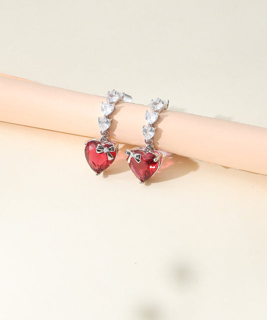 Siora Jewels Red Heart CZ 925 Silver Earrings for Women | Rhodium Finish with Bow Accent Detailing