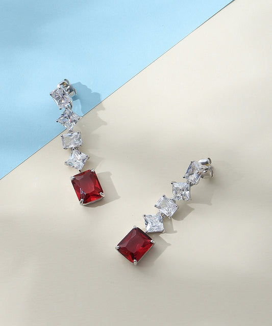 Siora Jewels White CZ 925 Silver Earrings for Women | Rhodium Finish with Red Detailing