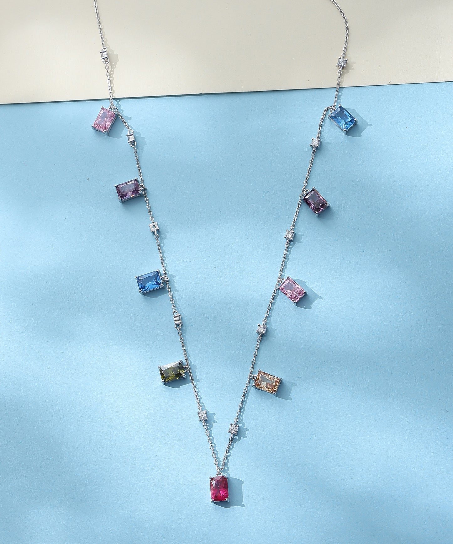 Siora Jewels Prism Glow 925 Silver Necklace for Women | Rhodium Finish with Multicolour Gemstones & Zircon Detailing