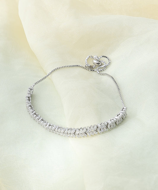 Siora Jewels White CZ 925 Silver Adjustable Bracelet for Women | Rhodium Finish with Minimal Detailing