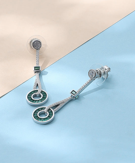 Siora Jewels Emerald Orbit 925 Silver Earrings for Women | Rhodium Finish with Zircon & Green Stone Detailing