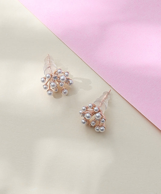 Siora Jewels Pearl Cluster 925 Silver Earrings for Women | Rose Gold Finish with Delicate Pearl Detailing
