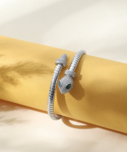 Siora Jewels Serpent Luxe 925 Silver Kada for Women | Rhodium Finish with Emerald Zircon Detailing