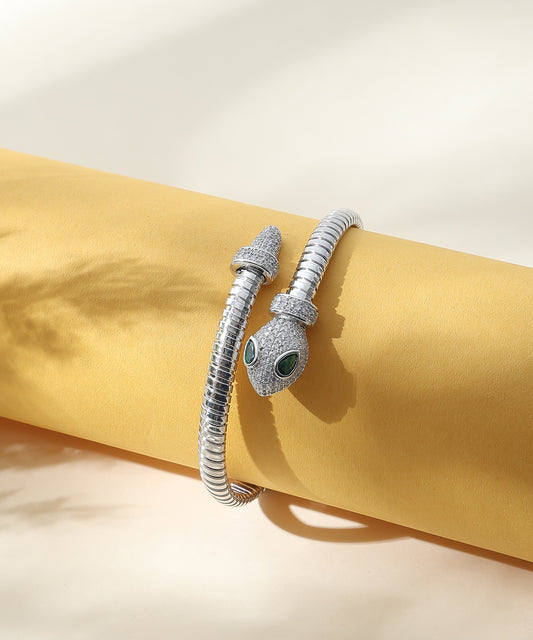 Siora Jewels Serpent Luxe 925 Silver Kada for Women | Rhodium Finish with Emerald Zircon Detailing