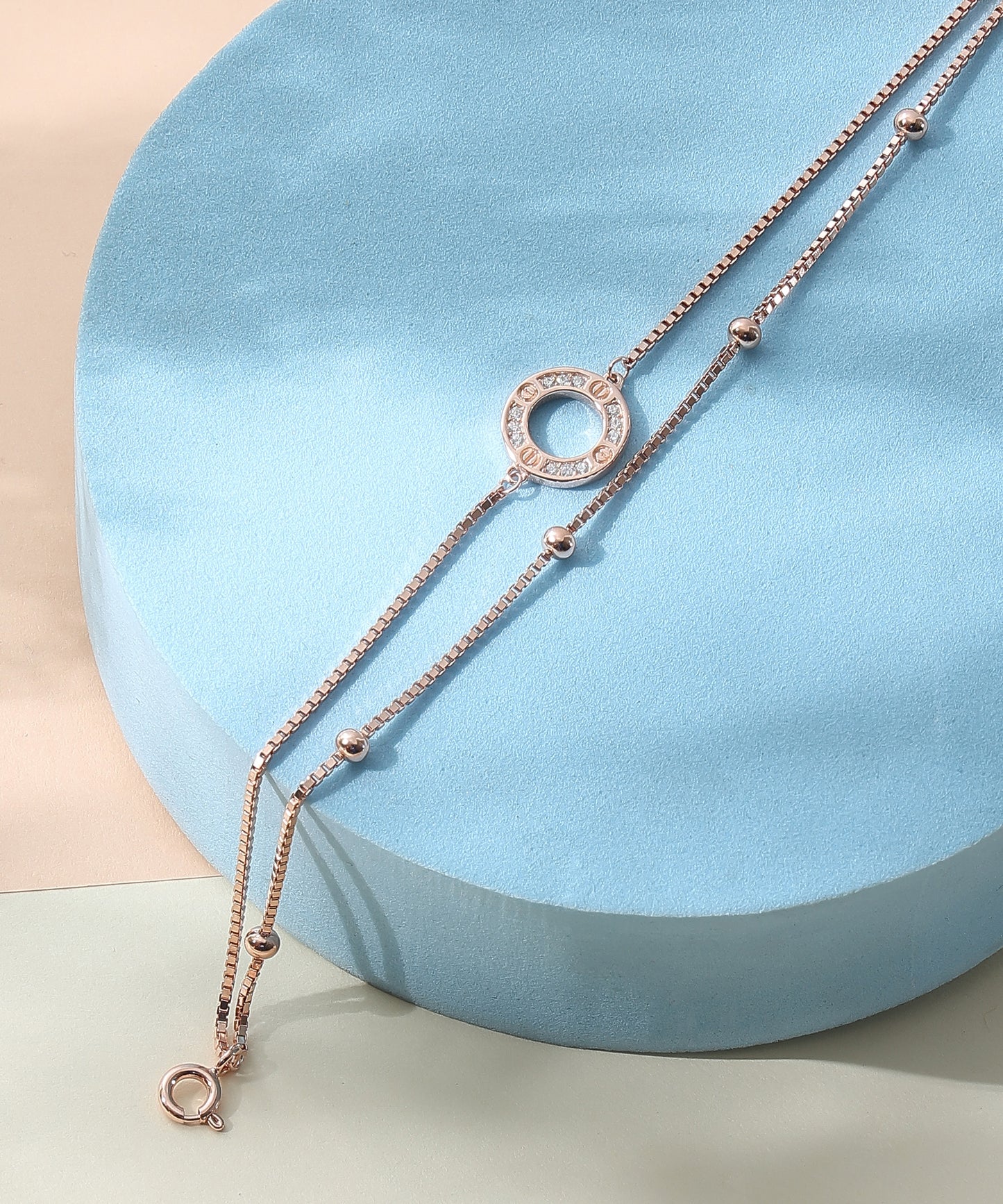 Siora Jewels Circle Charm 925 Silver Bracelet for Women | Rose Gold Finish with Modern Bead Detailing