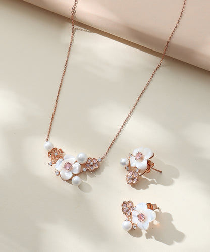 Siora Jewels White Blossom 925 Silver Jewellery Set for Women | Rose Gold Finish with Pearl & Enamel Floral Detailing
