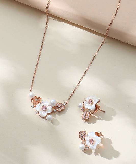 Siora Jewels White Blossom 925 Silver Jewellery Set for Women | Rose Gold Finish with Pearl & Enamel Floral Detailing