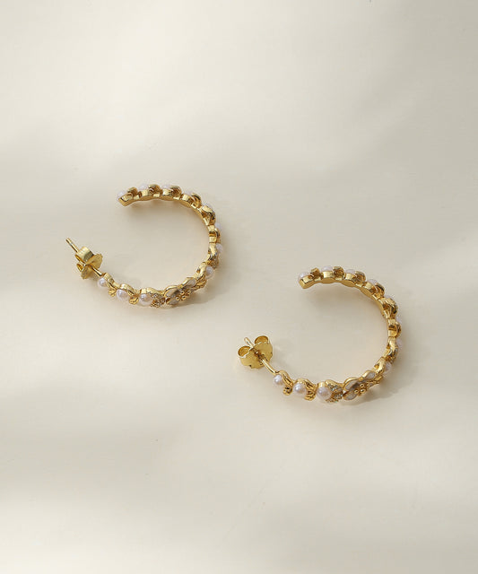 Siora Jewels Classic Pearl Beaded 925 Silver Hoop Earrings for Women | Gold Finish with Natural Pearls & Bead Detailing