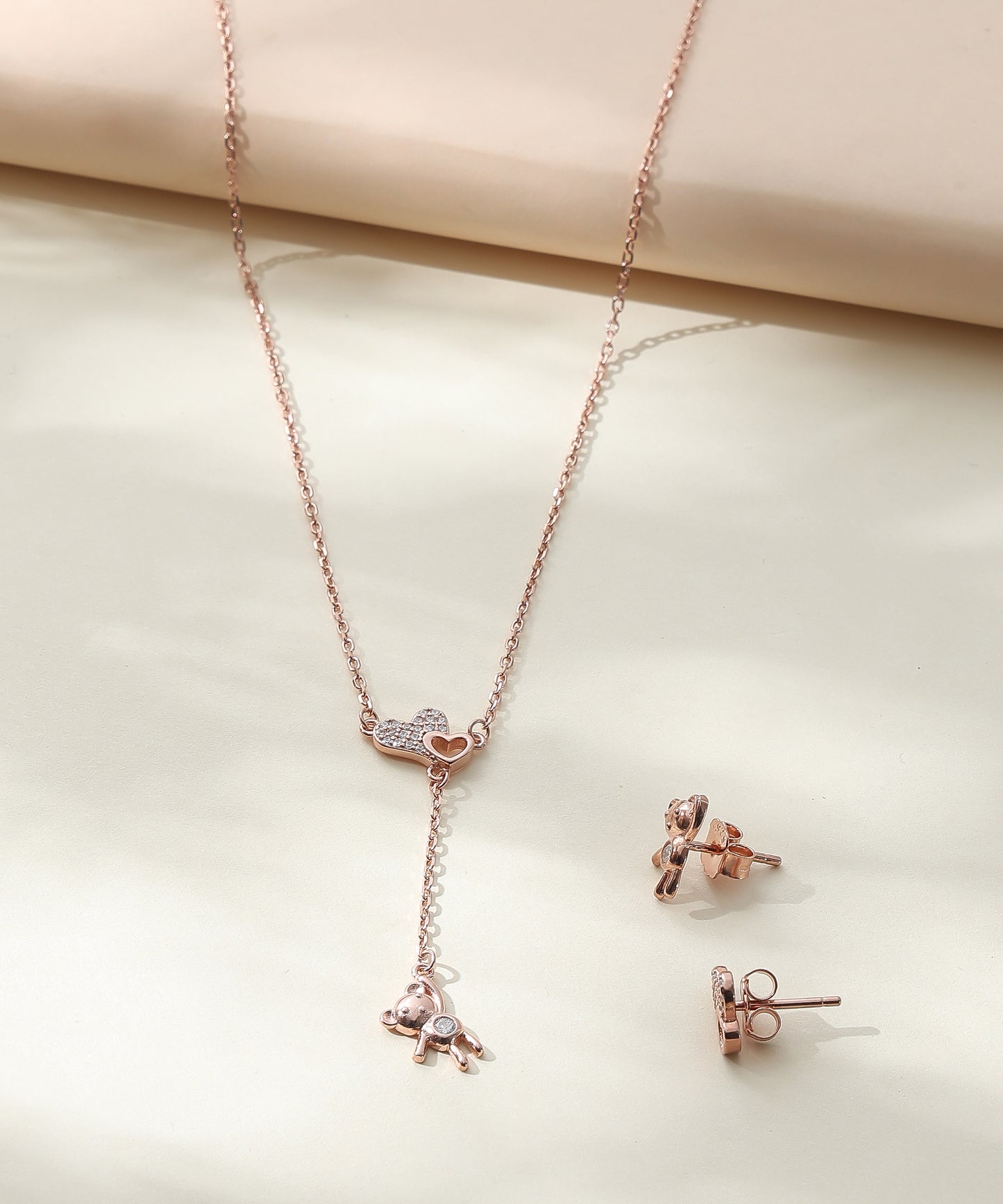 Siora Jewels Teddy Drop 925 Silver Pendant Set for Women | Rose Gold Finish with Zircon Detailing
