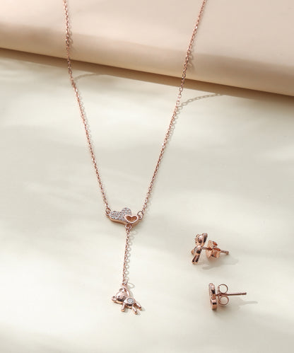Siora Jewels Teddy Drop 925 Silver Pendant Set for Women | Rose Gold Finish with Zircon Detailing