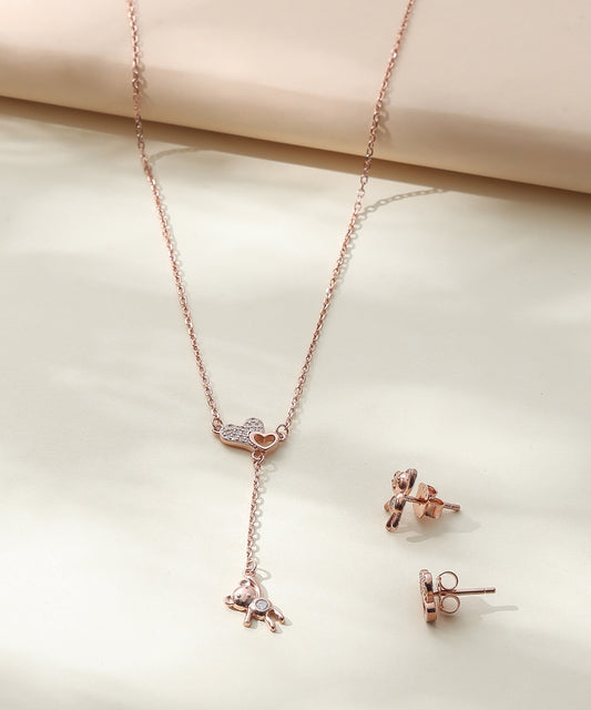 Siora Jewels Teddy Drop 925 Silver Pendant Set for Women | Rose Gold Finish with Zircon Detailing