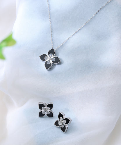 Siora Jewels Noir Bloom 925 Sterling Silver Jewellery Set for Women | Rhodium Finish with Black Enamel Floral Design & Zircon Detailing