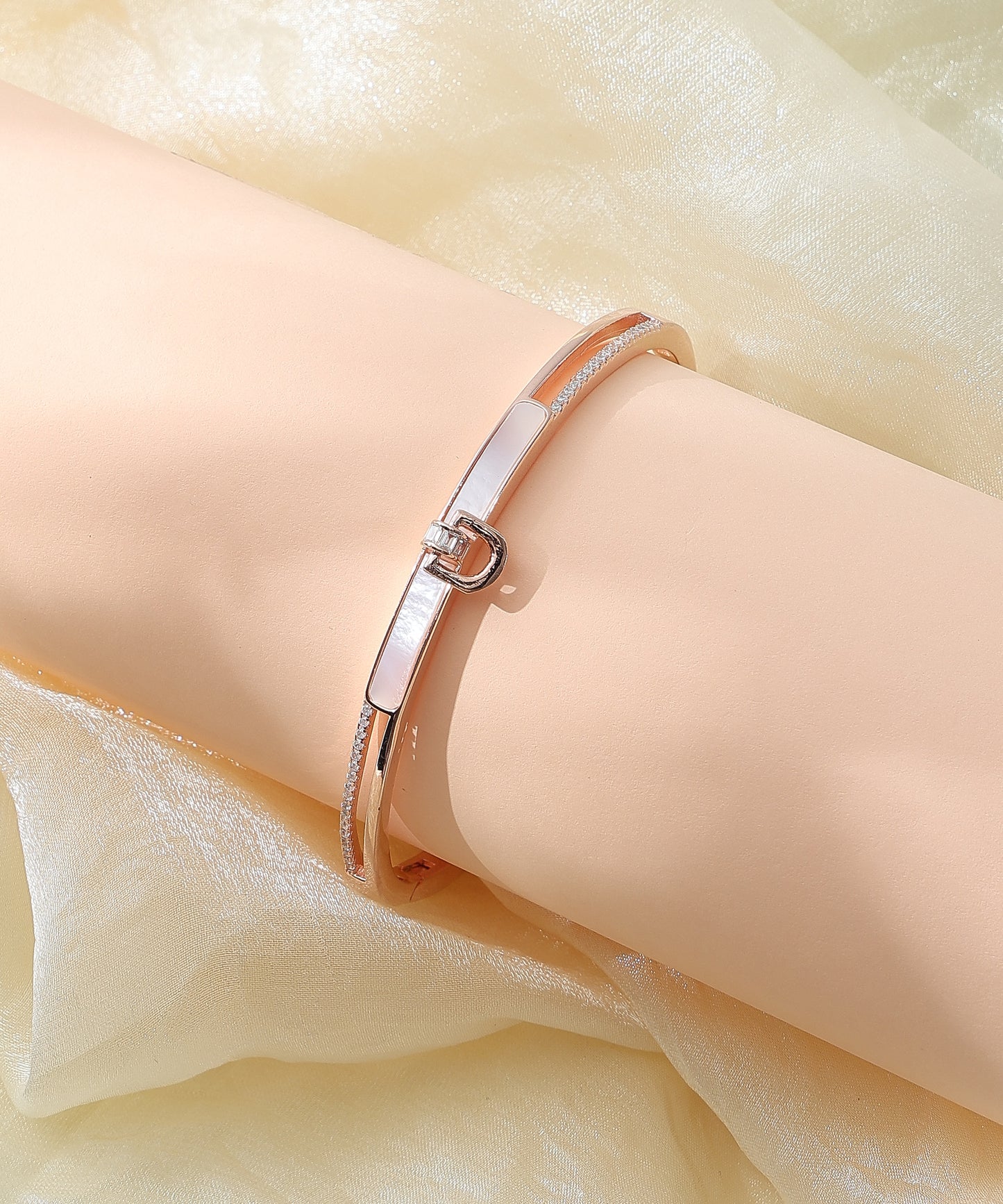 Siora Jewels CZ Kada 925 Silver Kada for Women | Rose Gold Finish with Mother of Pearl & Zircon Detailing