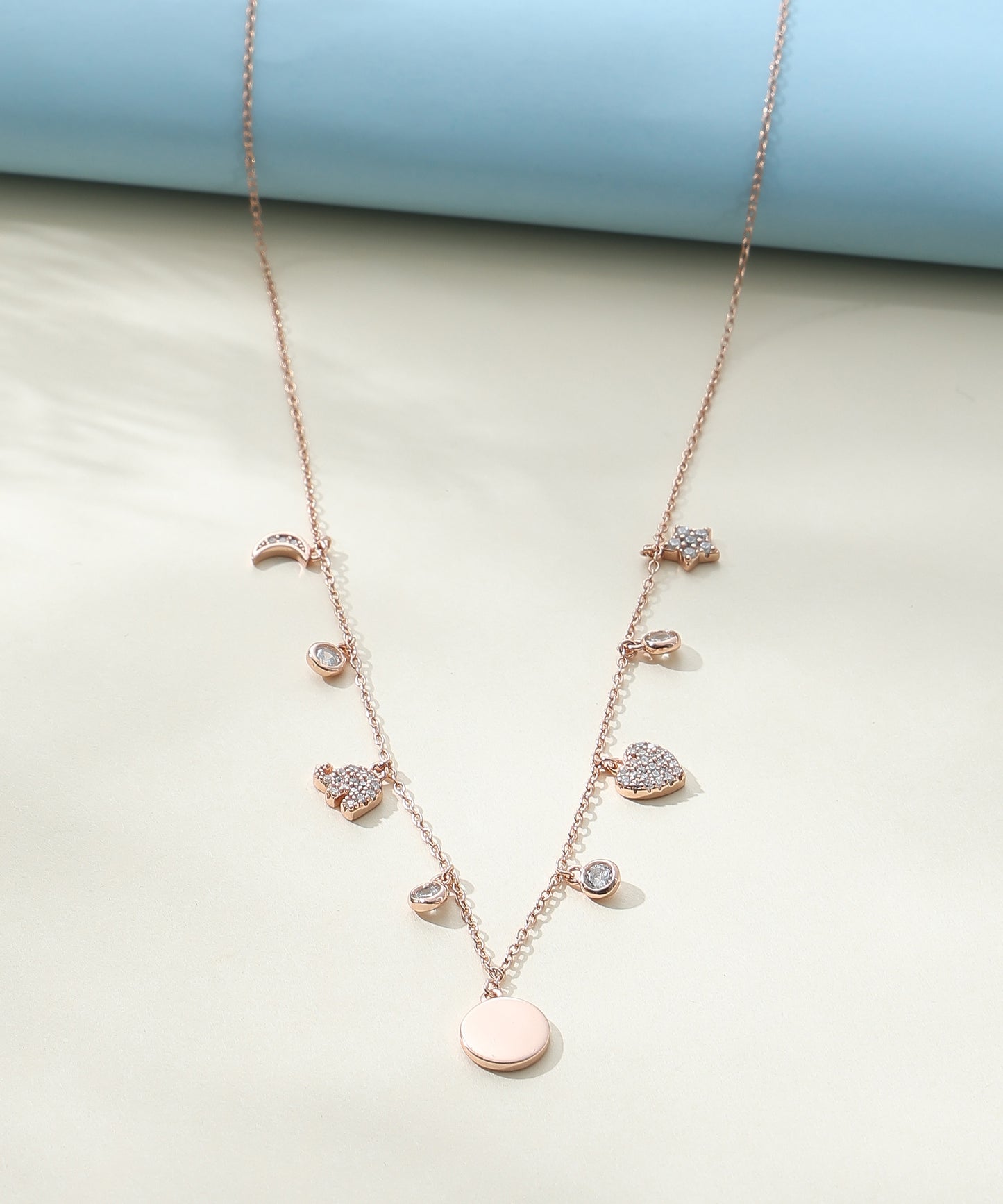 Siora Jewels Celestial Charm 925 Silver Necklace for Women | Rose Gold Finish with Star, Moon & Heart Motifs