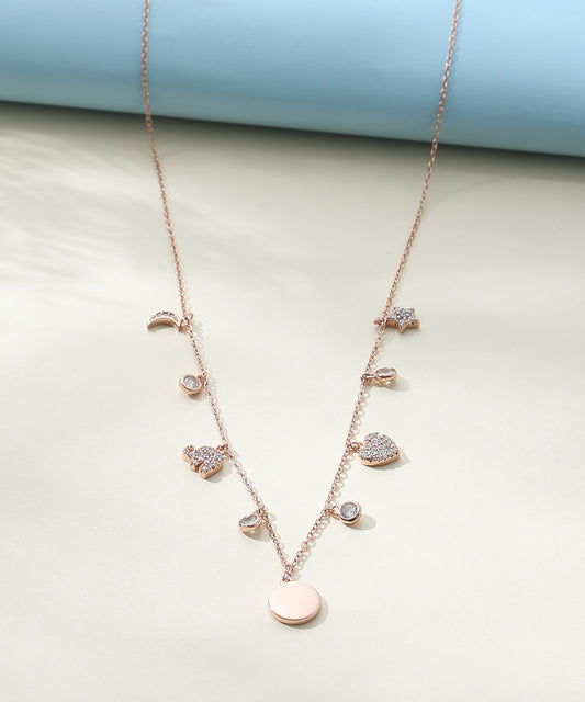 Siora Jewels Celestial Charm 925 Silver Necklace for Women | Rose Gold Finish with Star, Moon & Heart Motifs