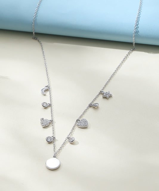 Siora Jewels Celestial Charm 925 Silver Necklace for Women | Rhodium Finish with Star, Moon & Heart Motifs