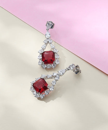 Siora Jewels White CZ 925 Silver Earrings for Women | Rhodium Finish with Red Detailing