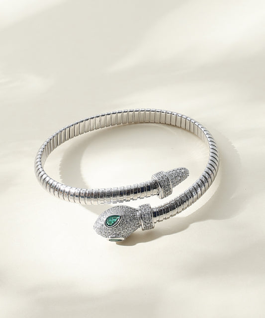 Siora Jewels Serpent Luxe 925 Silver Kada for Women | Rhodium Finish with Emerald Zircon Detailing