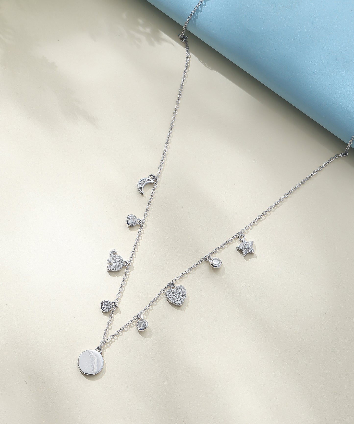 Siora Jewels Celestial Charm 925 Silver Necklace for Women | Rhodium Finish with Star, Moon & Heart Motifs