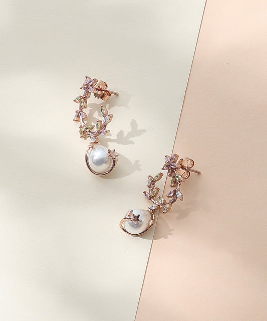 Siora Jewels Pearl Drop 925 Silver Earrings for Women | Rose Gold Finish with Floral Top & Luminous Pearls