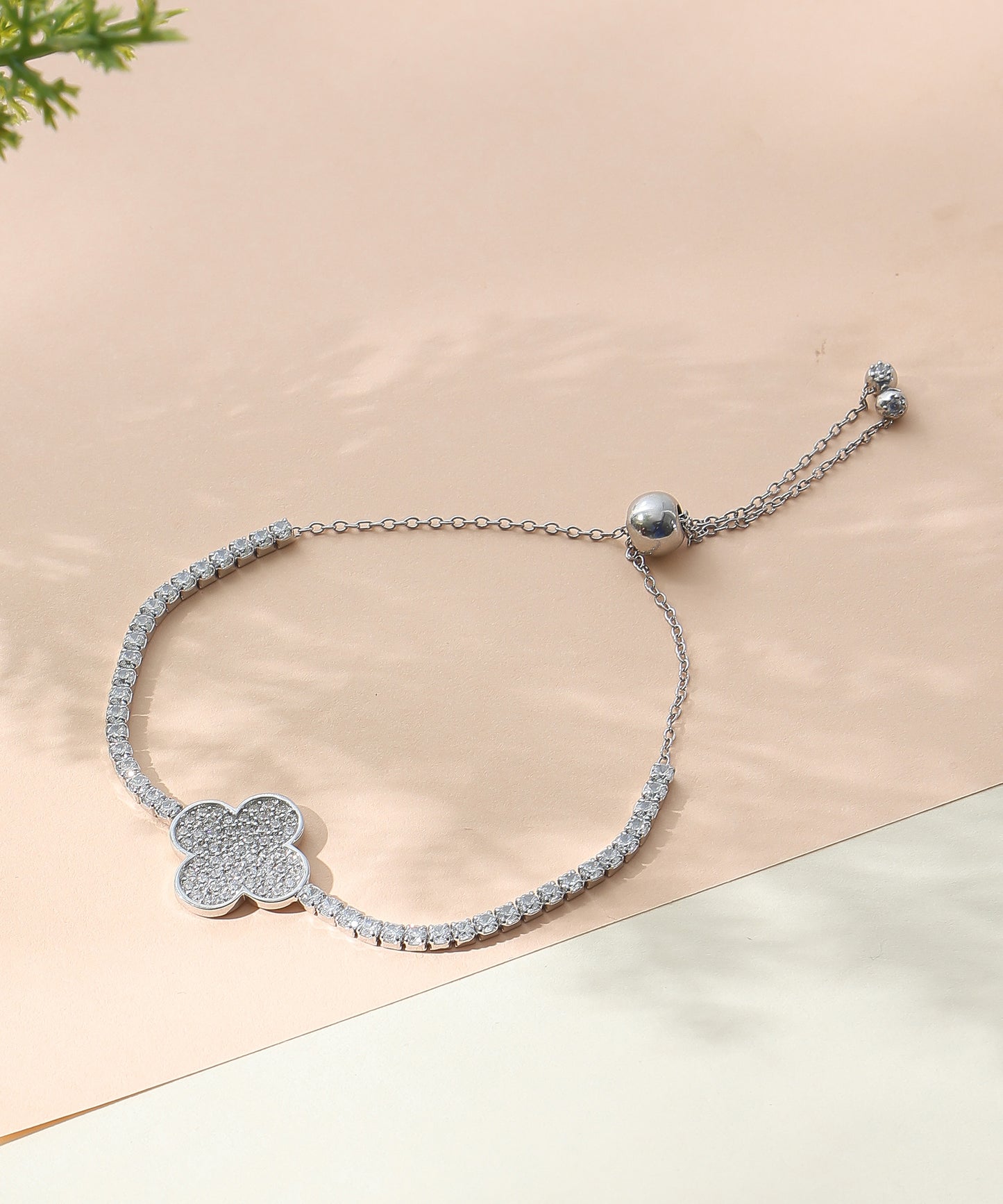 Siora Jewels Fortuna Clover 925 Silver Bracelet for Women | Rhodium Finish with Zircon Detailing