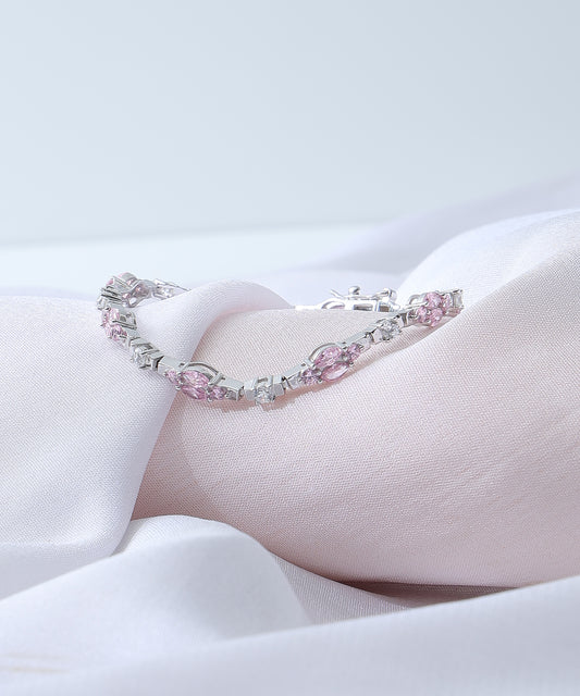 Siora Jewels Blush Petal 925 Silver Bracelet for Women | Rhodium Finish with Pink Zircon Detailing