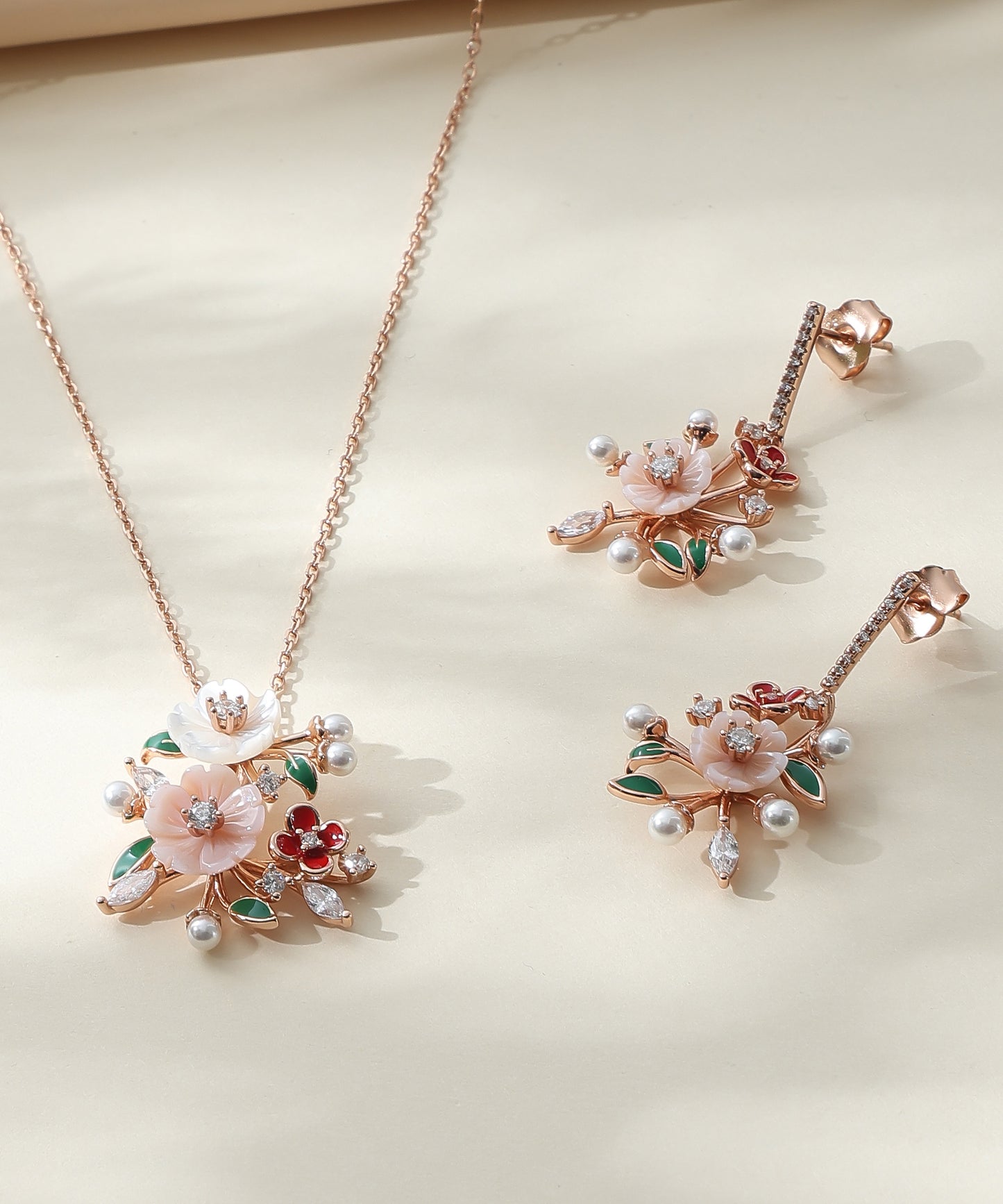 Siora Jewels Floral Harmony 925 Silver Jewellery Set for Women | Rose Gold Finish with Multicolour Enamel, Pearls & Zircons