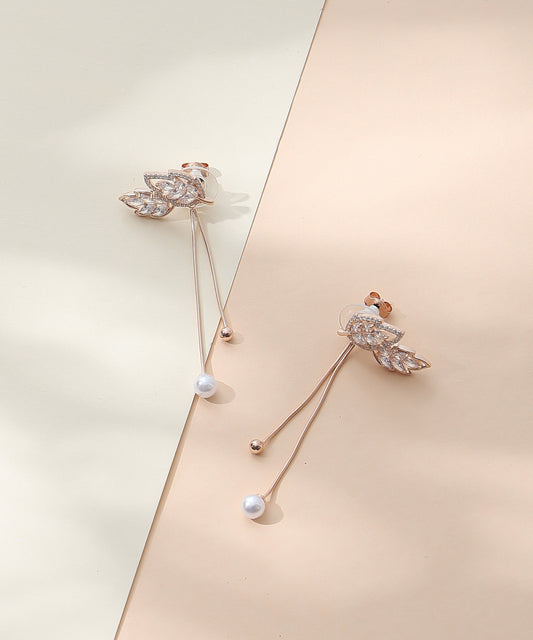 Siora Jewels Floral Drape 925 Silver Earrings for Women | Rose Gold Finish with Zircon & Pearl Detailing