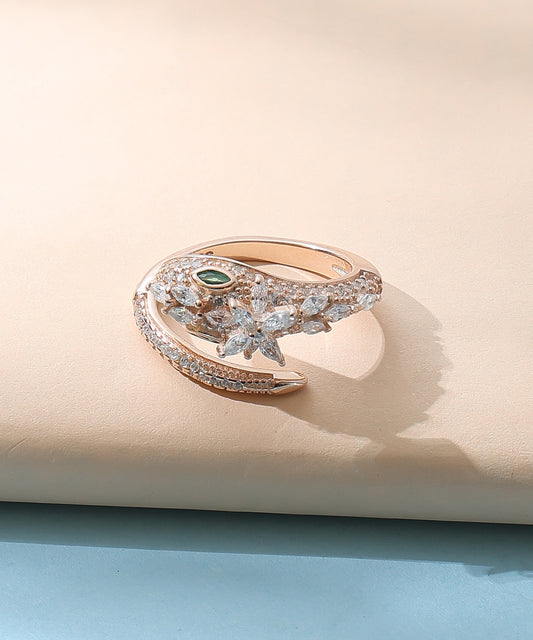 Siora Jewels Serpent Luxe 925 Silver Ring for Women | Rose Gold Finish with Zircon & Emerald Detailing