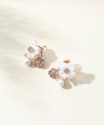 Siora Jewels White Blossom 925 Silver Jewellery Set for Women | Rose Gold Finish with Pearl & Enamel Floral Detailing