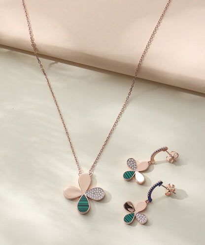 Siora Jewels Verdant Bloom 925 Silver Jewellery Set for Women | Rose Gold Finish with Green Enamel & Zircon Detailing