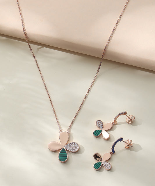 Siora Jewels Verdant Bloom 925 Silver Jewellery Set for Women | Rose Gold Finish with Green Enamel & Zircon Detailing