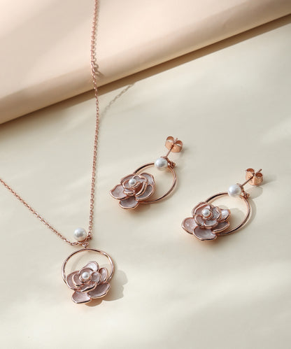Siora Jewels Rose Bloom 925 Silver Jewellery Set for Women | Rose Gold Finish with Enamel Rose, Pearl & Zircon Detailing