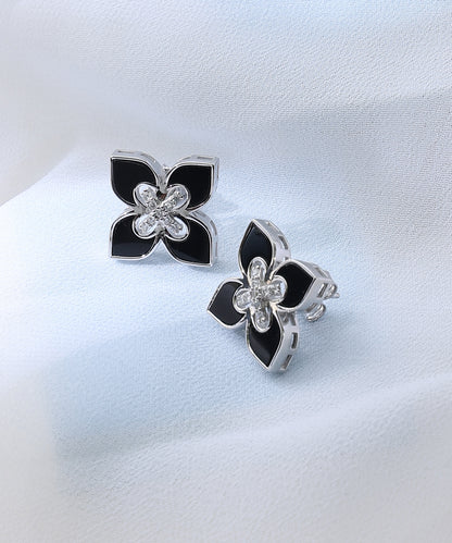 Siora Jewels Noir Bloom 925 Sterling Silver Jewellery Set for Women | Rhodium Finish with Black Enamel Floral Design & Zircon Detailing