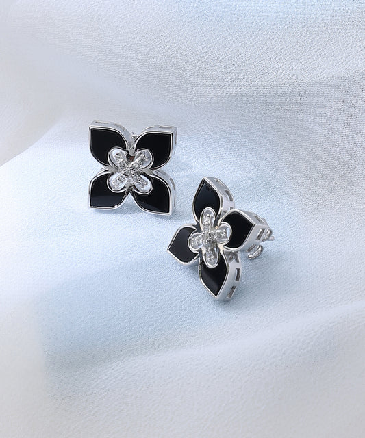 Siora Jewels Noir Bloom 925 Sterling Silver Jewellery Set for Women | Rhodium Finish with Black Enamel Floral Design & Zircon Detailing